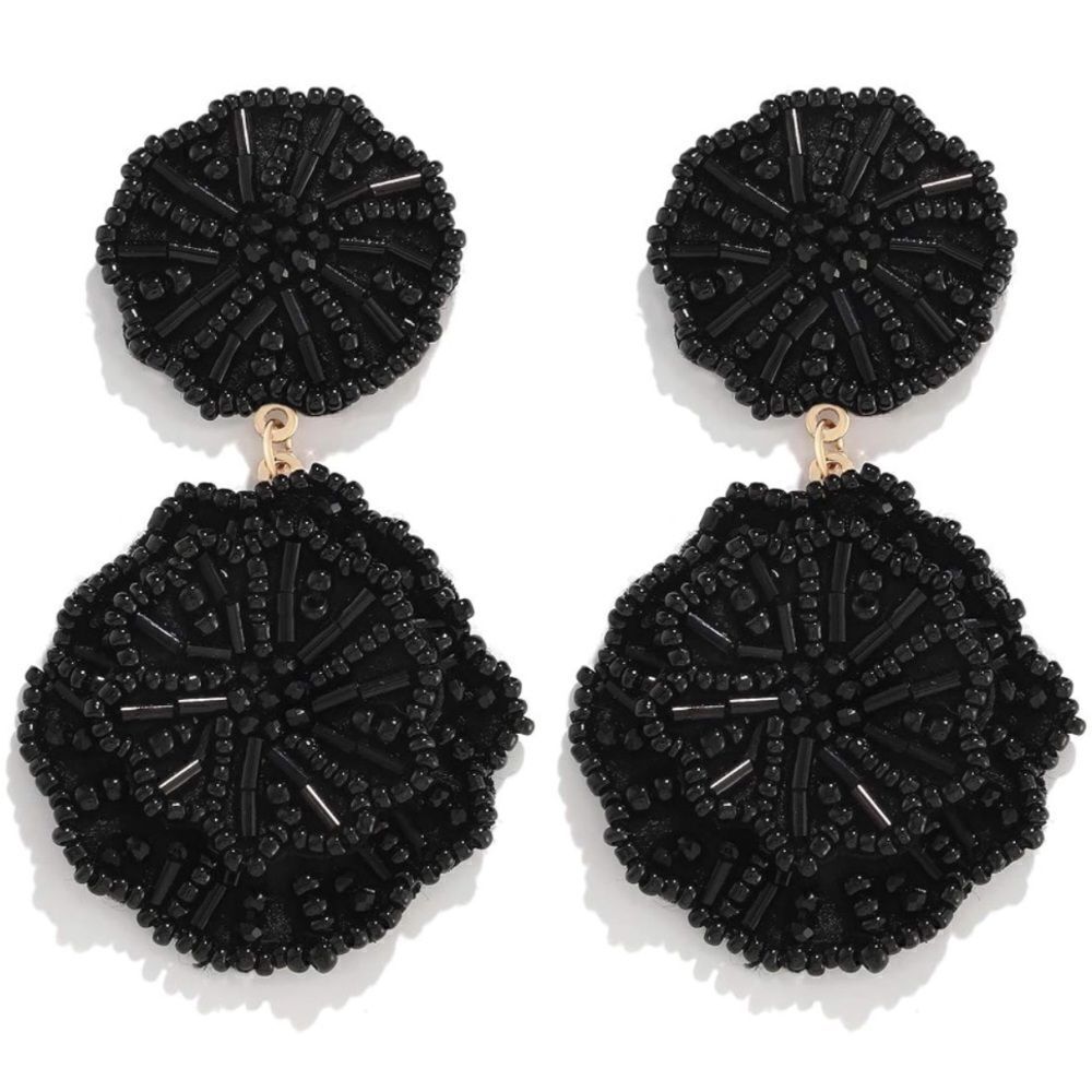 Black Beaded Double Flower Boho Dangling Drop Statement Post Back Earrings